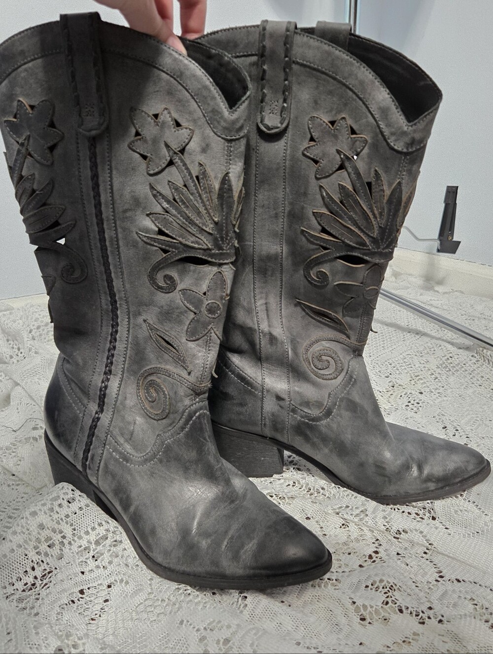 Gray Floral Leather Cowboy Boots Size 8M